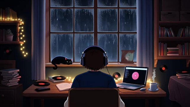 A cozy bedroom interior at night with warm lighting.The animation should be seamless and loopable for a 24/7 livestream background
