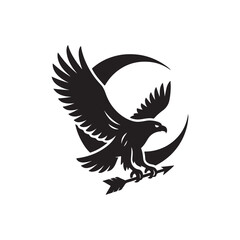 Obraz premium A black silhouette of an eagle flying with an arrow against a crescent moon shape