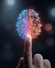A digital brain with circuits and a hand touching the brain in a dark blurry background image view
