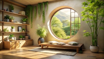 Photo of a serene japanesestyle room features a large circular window overlooking a lush green landscape, filled with plants and wooden furniture
