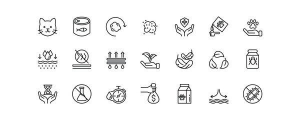 A clean, modern icon set representing tofu cat litter features: clumping, odor control, eco-friendliness, absorption, safety, and hygiene. Ideal for packaging or product labels.