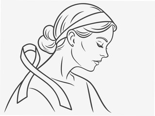 Line Art Illustration of a Woman with Awareness Ribbon Symbolizing Support and Hope minimalist
