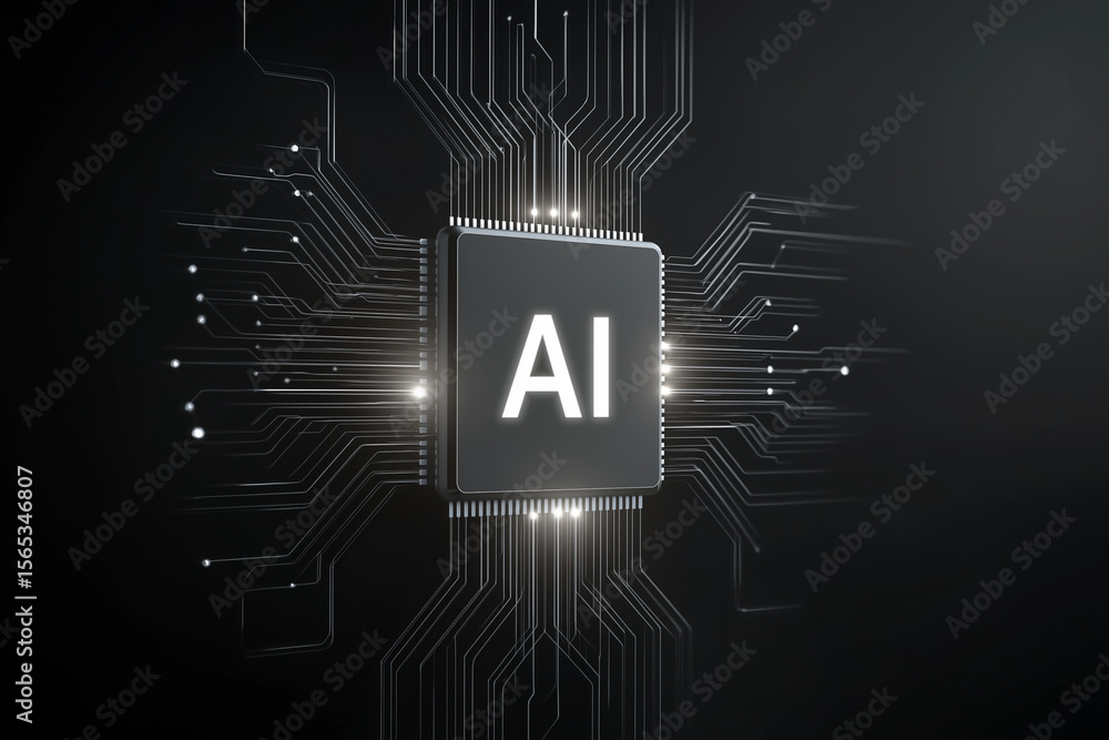 Aufkleber a glowing ai chip with circuit board lines on a dark background in a technological representation