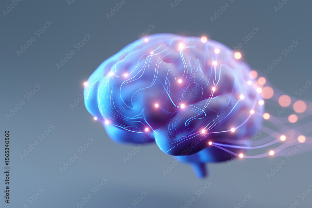 Poster illustration of a brain with glowing nodes and connections on a gray gradient background space 100