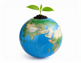 Green seedling growing on Earth globe isolated on white background
