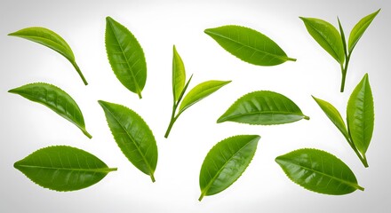 Obraz premium Fresh Green Tea Leaves High-Resolution Images for Culinary and Beverage Use