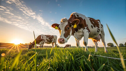 Red and white cows grazing in lush green pasture at sunset; idyllic rural farm scene.