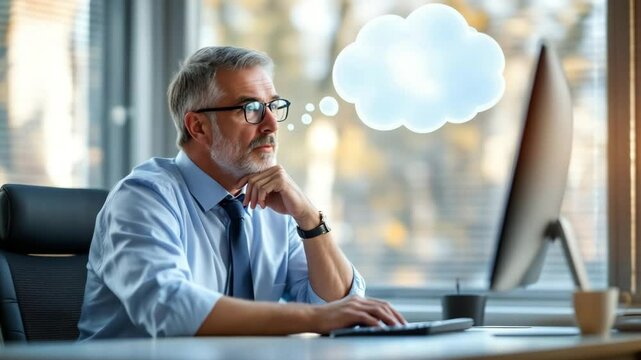 A senior Caucasian man with gray hair and glasses sits at a desk, looking thoughtfully at a computer screen with a thought bubble above his head.