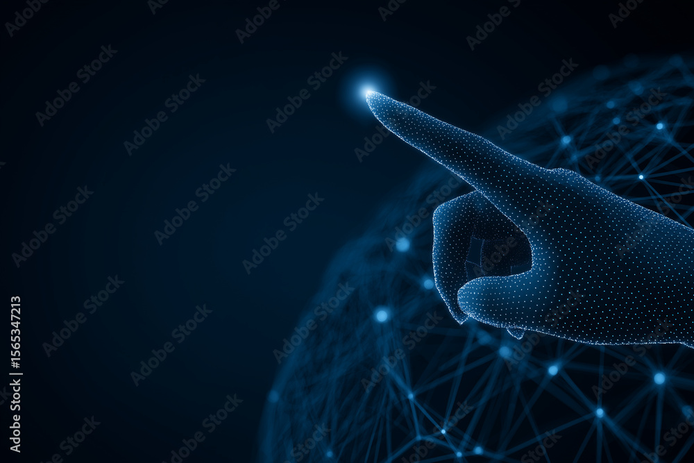 Poster digital hand touching a glowing point on a network globe in a dark blue futuristic background