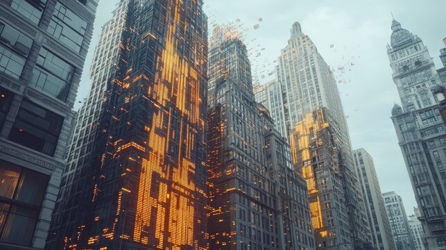 Futuristic city skyline with illuminated skyscraper. - Powered by Adobe