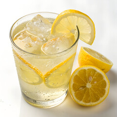 Chilled lemonade with ice and lemon slices in a glass, fresh lemons beside, close up.