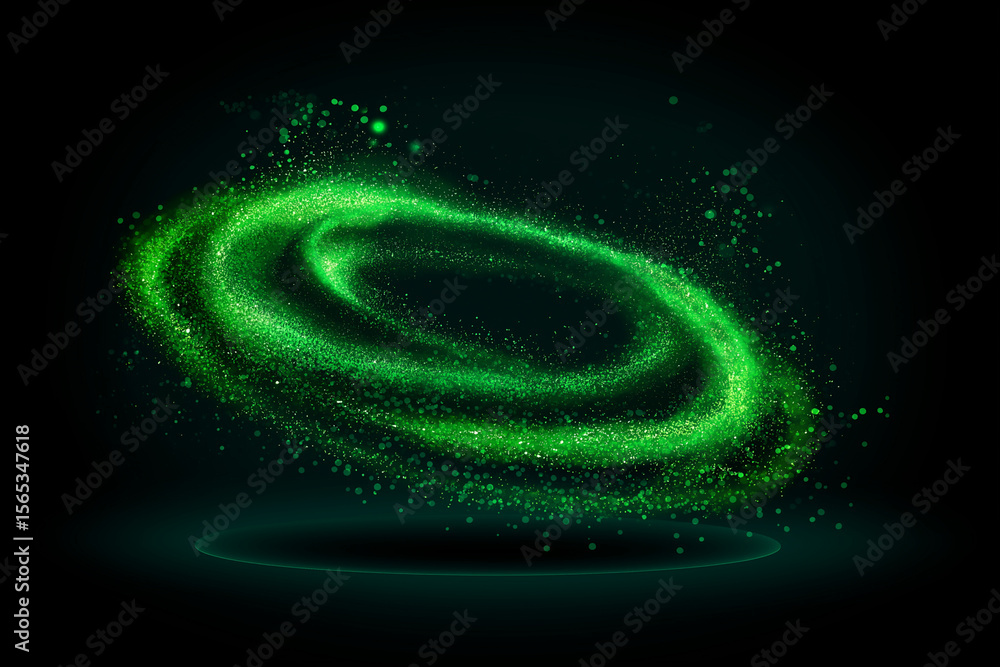 Poster a swirling vortex of green light particles against a dark background with a glowing circle below it