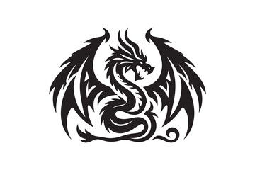 Naklejka premium A stylized black dragon's head facing left, intricately designed with sharp features and exaggerated scales. The dragon exhales a swirl of flame, represented by a wavy line, that forms a circular shap