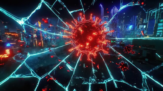 A virus image viewed through a shattered futuristic cityscape. - Powered by Adobe