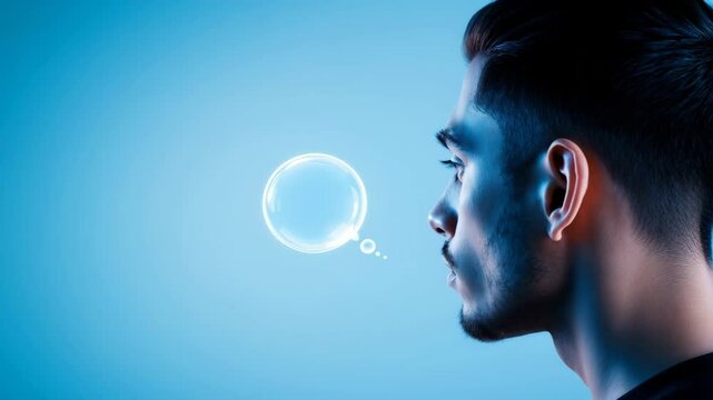 A young Hispanic man with short dark hair gazes thoughtfully at a translucent thought bubble against a blue background. The bubble symbolizes contemplation.