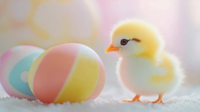 A chubby baby chick stands near a group of colorful Easter eggs, symbolizing the joy and renewal of springtime.