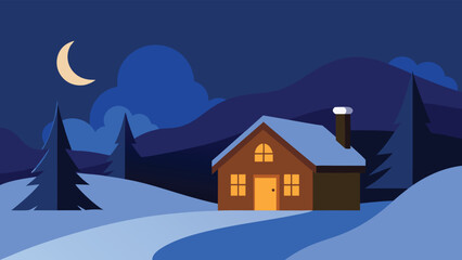 Cozy Wooden House in Winter Night Landscape Illustration