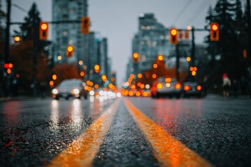 Rainy urban street with blurred traffic lights and cars in city background