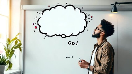 A young Black man with curly hair stands beside a whiteboard. A colorful thought bubble filled with icons and symbols hovers above him, emphasizing creativity and ideas.