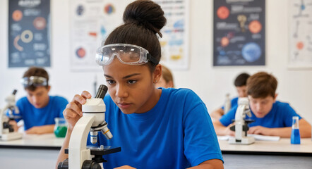 Teen Girl Using Microscope in Bright School Science Lab