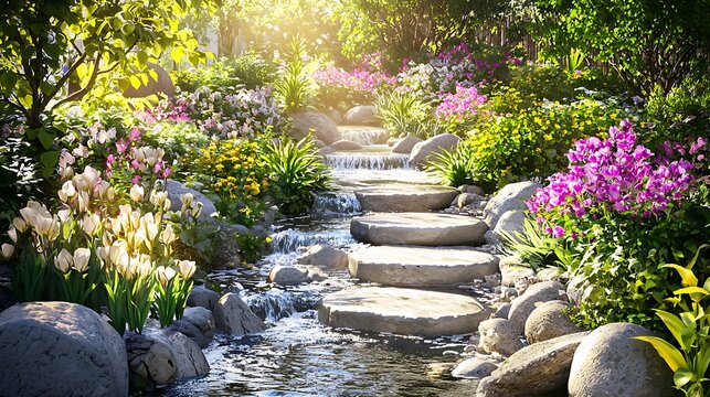 Serene garden path with waterfall
