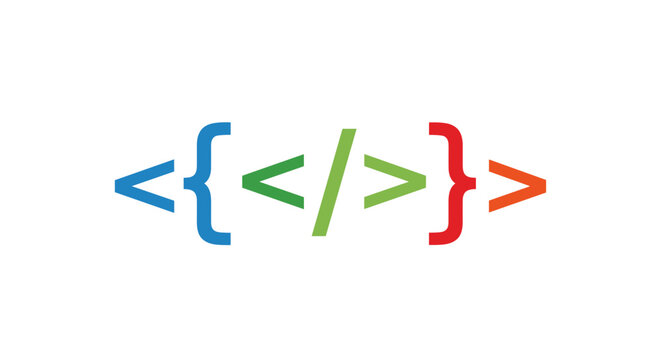 Colorful coding brackets and symbols representing programming languages on a white background design element