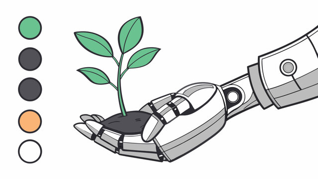 A robotic arm holding a small green plant growing from soil with color palette on the left side - Powered by Adobe