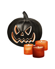 Watercolor illustration of a black Halloween pumpkin carved into a spooky Jack-o-lantern glowing in orange tones and surrounded by burning candles. Perfect for Halloween invitations, spooky party 