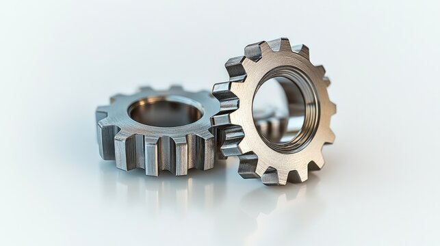 Close-up view of two metallic gears on a white surface.