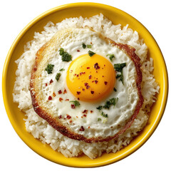 Sunny-Side Up Delight: A beautifully composed shot features a single, perfectly cooked sunny-side-up egg resting on a bed of fluffy, white rice.