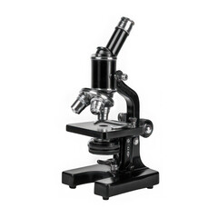 Close up of a vintage black microscope isolated against a white background