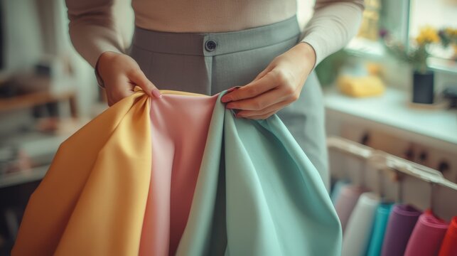 Woman holding colorful fabric swatches in a bright studio, showcasing pastel hues and textures, surrounded by various materials and a creative workspace atmosphere - Powered by Adobe