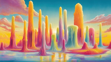 Colorful, fantastical landscape with tall, sculpted formations.