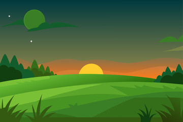 Obraz premium Green hills meet the blue sky at sunset, a summer landscape with trees and clouds