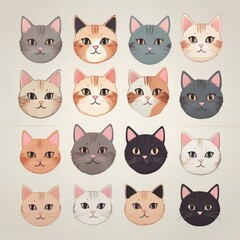 Sixteen stylized cat faces in a grid featuring various colors and markings