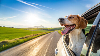 Happy Beagle Dog Enjoying Car Ride, Summer Road Trip, Sunny Landscape
