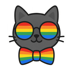 Icon A cat wearing rainbow glasses and bowtie, Pride celebration style, isolated on white