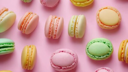 An array of vibrant, edible macarons featuring a spectrum of colors from pink to green.