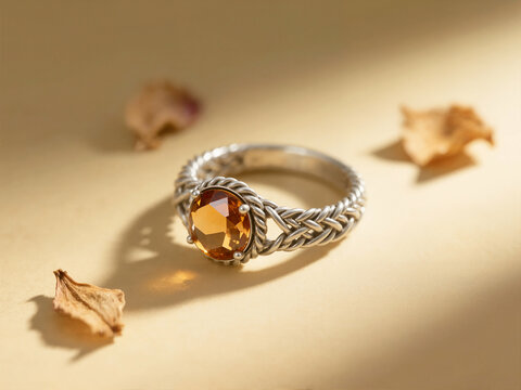 An antique-style silver ring featuring a captivating orange gemstone, possibly citrine or topaz, elegantly displayed on a warm beige background with dried petals.
