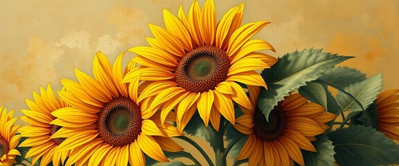 gro&szlig;e, detailreiche Sonnenblumen vor einem Vintage-Hintergrund. Warmes, nostalgisches Stillleben in k&uuml;nstlerischem Stil.