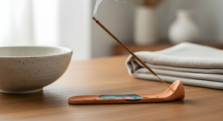 Incense Stick Burns on Holder near Bowl and Towel on Wood Surface Indoors