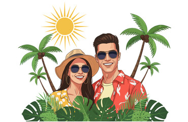 Illustration of a smiling couple wearing sunglasses among tropical palm trees. Ideal for youth tourism content. Young Couple with Summer Style Enjoying the Sun in a Tropical Destination