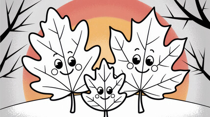 Fototapeta premium Happy cartoon leaves with faces against a sunset background