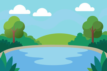 Obraz premium Summer landscape with green trees, sky, and a river