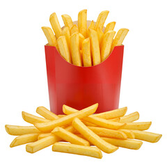 French fries in red box and some scattered, isolated on transparent background. Snack, fast food, lunch or dinner. Helathy or unhealthy diet, food industry