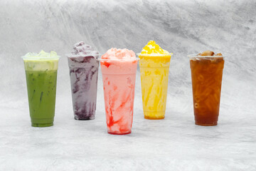 A brightly colored sweet drink made from fruit syrup. Blended with ice