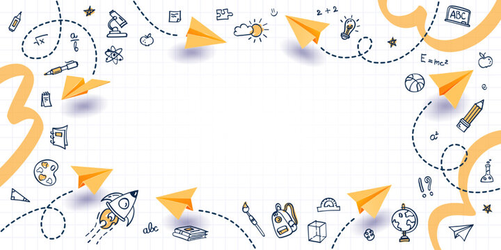 School background with frame of hand drawn education elements and paper planes on white checkered notebook paper. Sketch border, creative banner template for back to school theme, education concept.