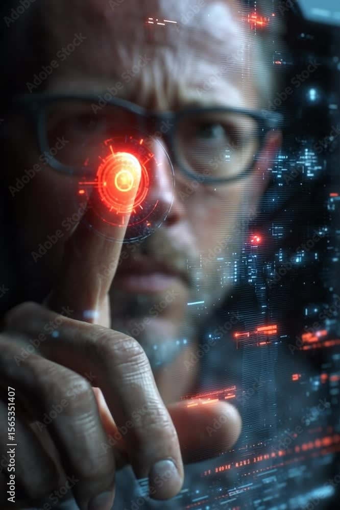 Poster man interacting with futuristic red holographic interface in cyberpunk scene