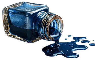 Digital art of an ink bottle with blue color and spilled contents, transparent background