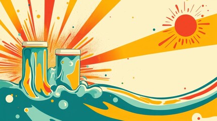 Colorful jars floating on vibrant water.